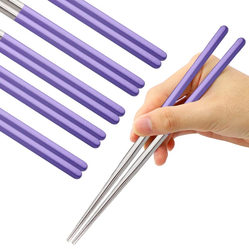 MUYOS Stainless Steel Chopsticks Reusable Multicolor Lightweight 304 Metal Chopsticks Dishwasher Safe - 5 Pairs (Purple) - Image 1